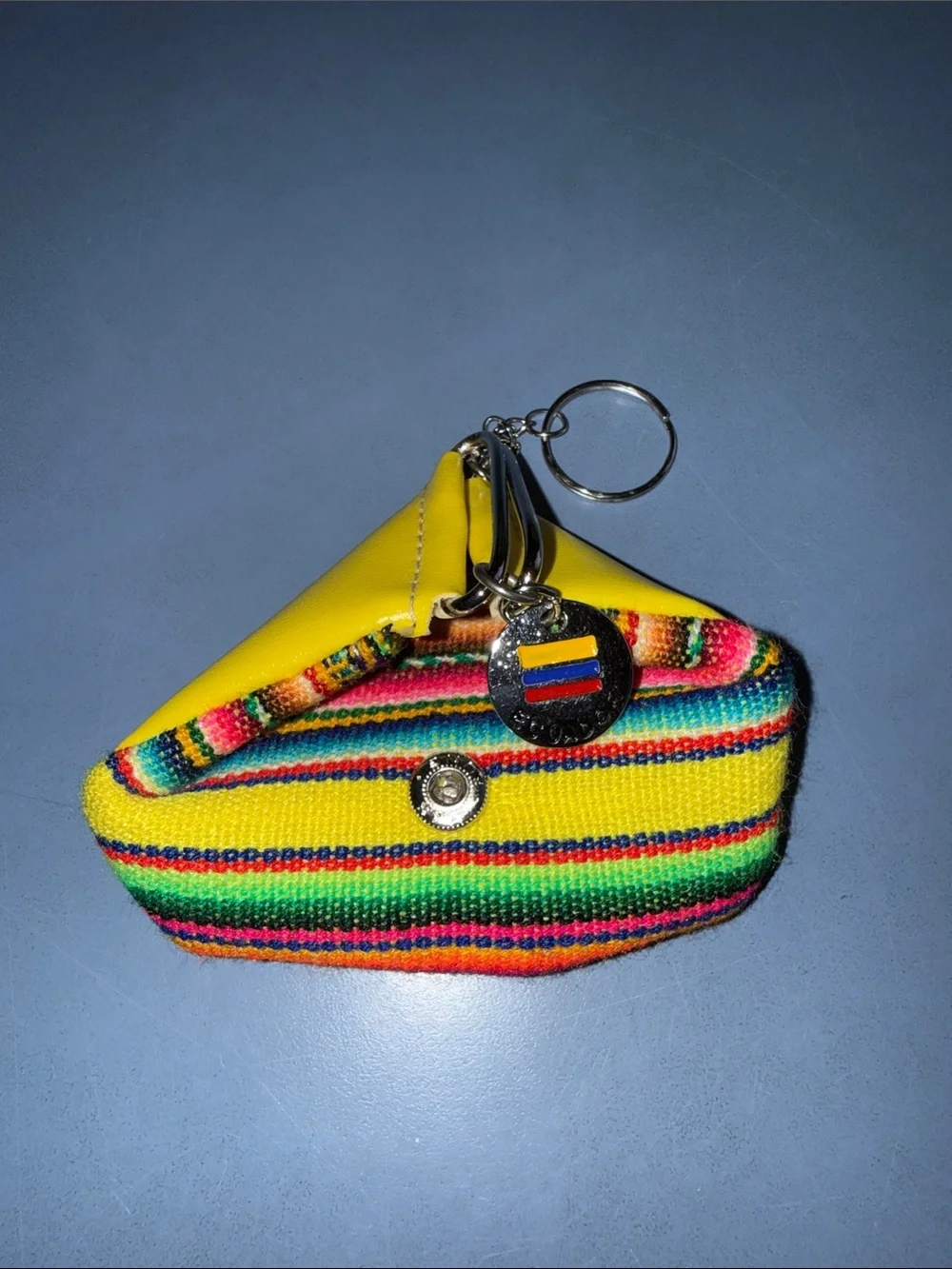 Yellow Multicolor Stripe Coin Purse with Metal Keyring